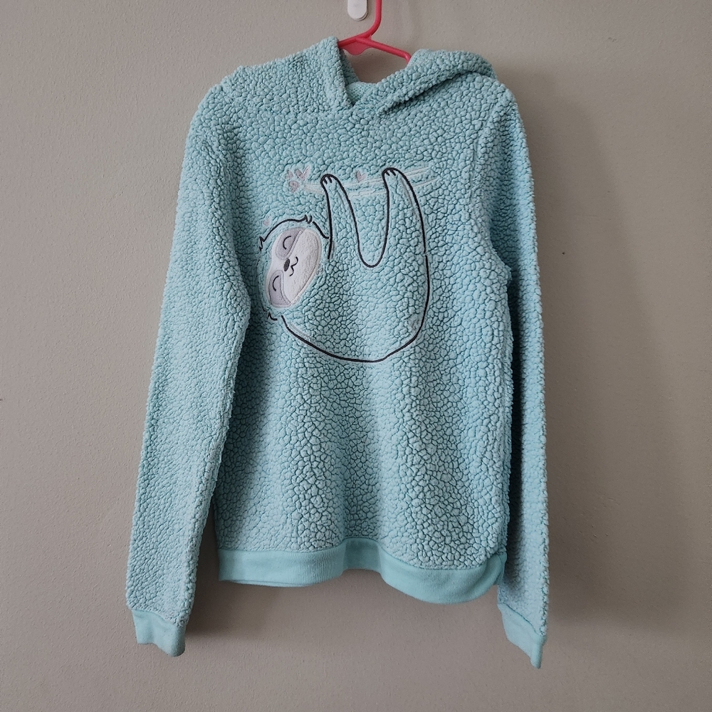 SO Cozy Blue Sloth Fleece Hooded Sweater Size 7/8 Longsleeve Warm